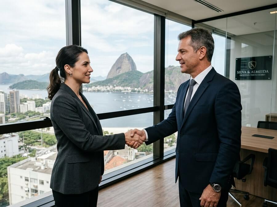 Sócios da agência cumprimentando cliente durante atendimento reservado