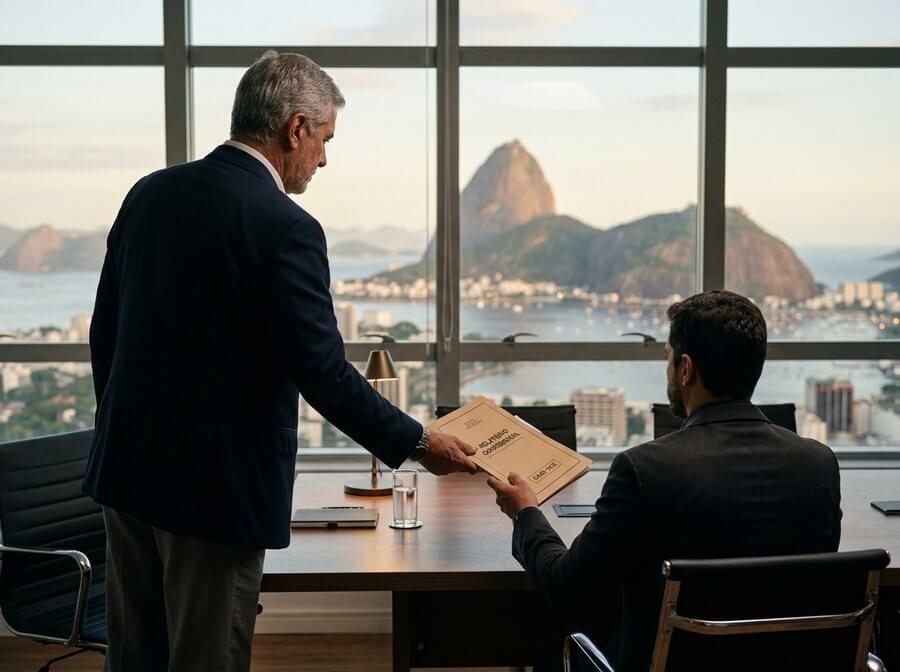 Sócio sênior entregando relatório de investigação ao cliente